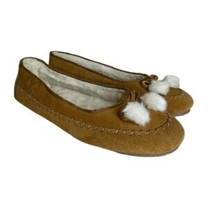 LANDS END Tan‎ Suede Shearling Lined Ballet Flat Moccasin Slippers Pom Poms Sz 9
